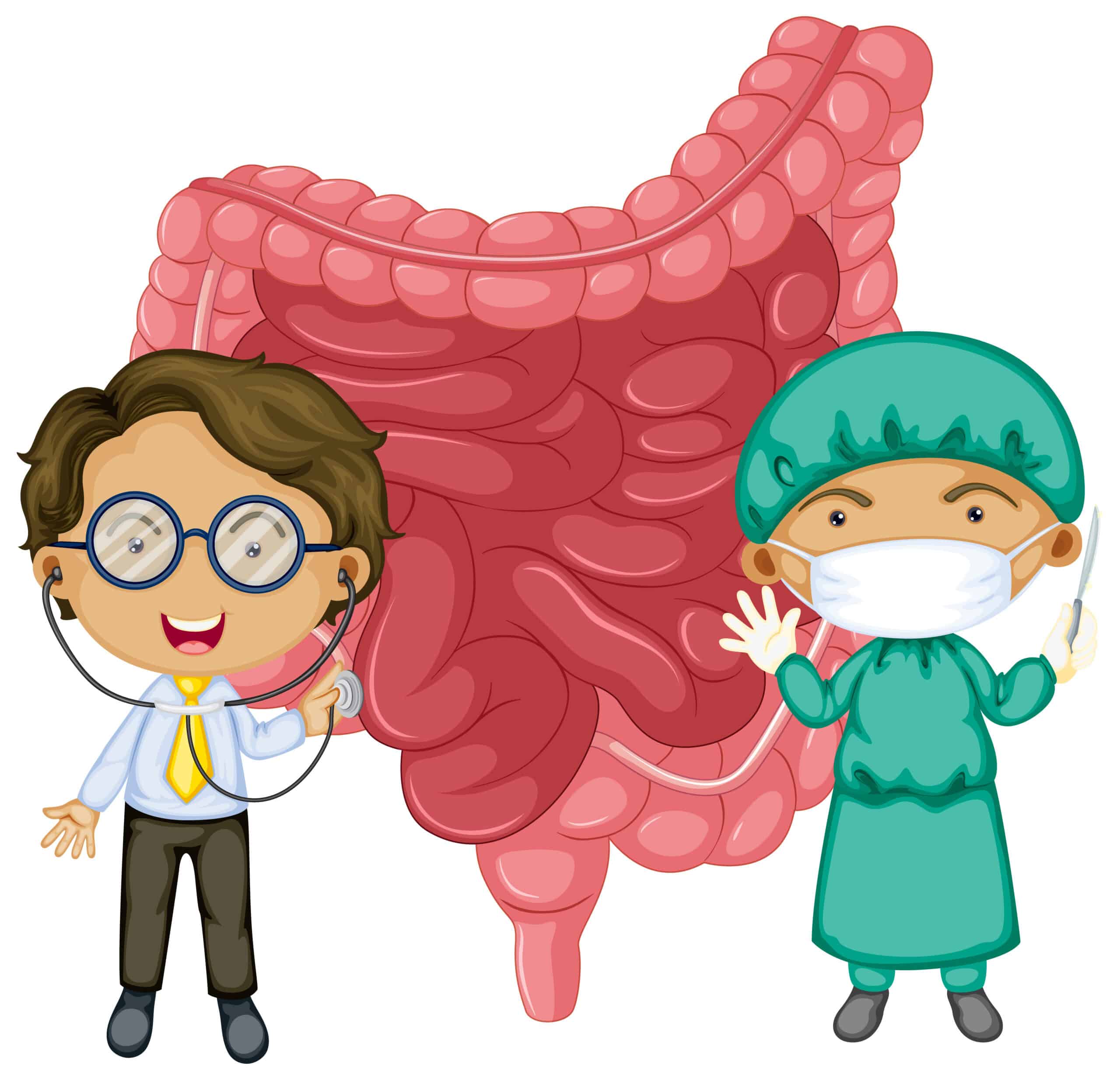 Intestine with two doctor wearing mask cartoon character intestine